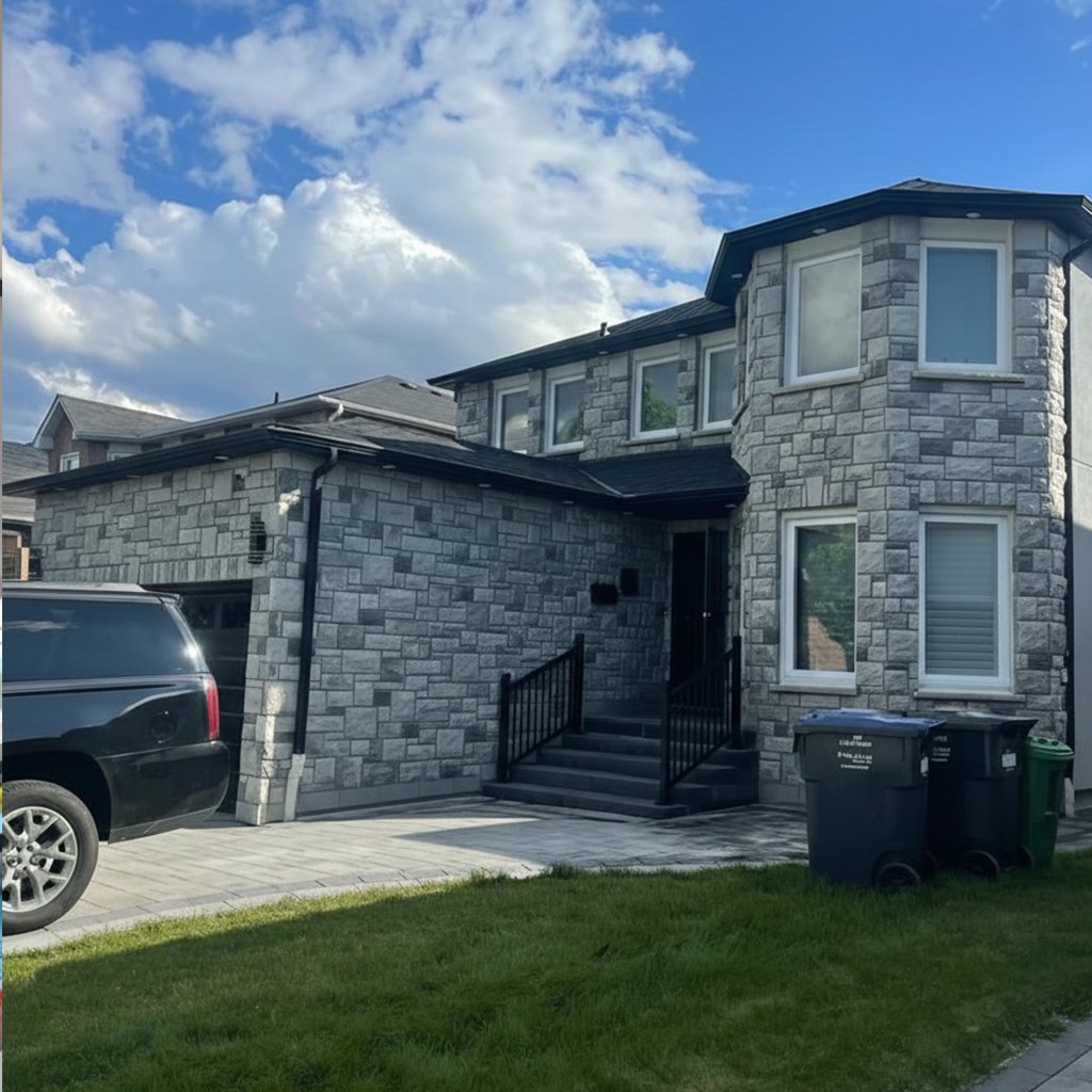 House exterior with full stone veneer cladding