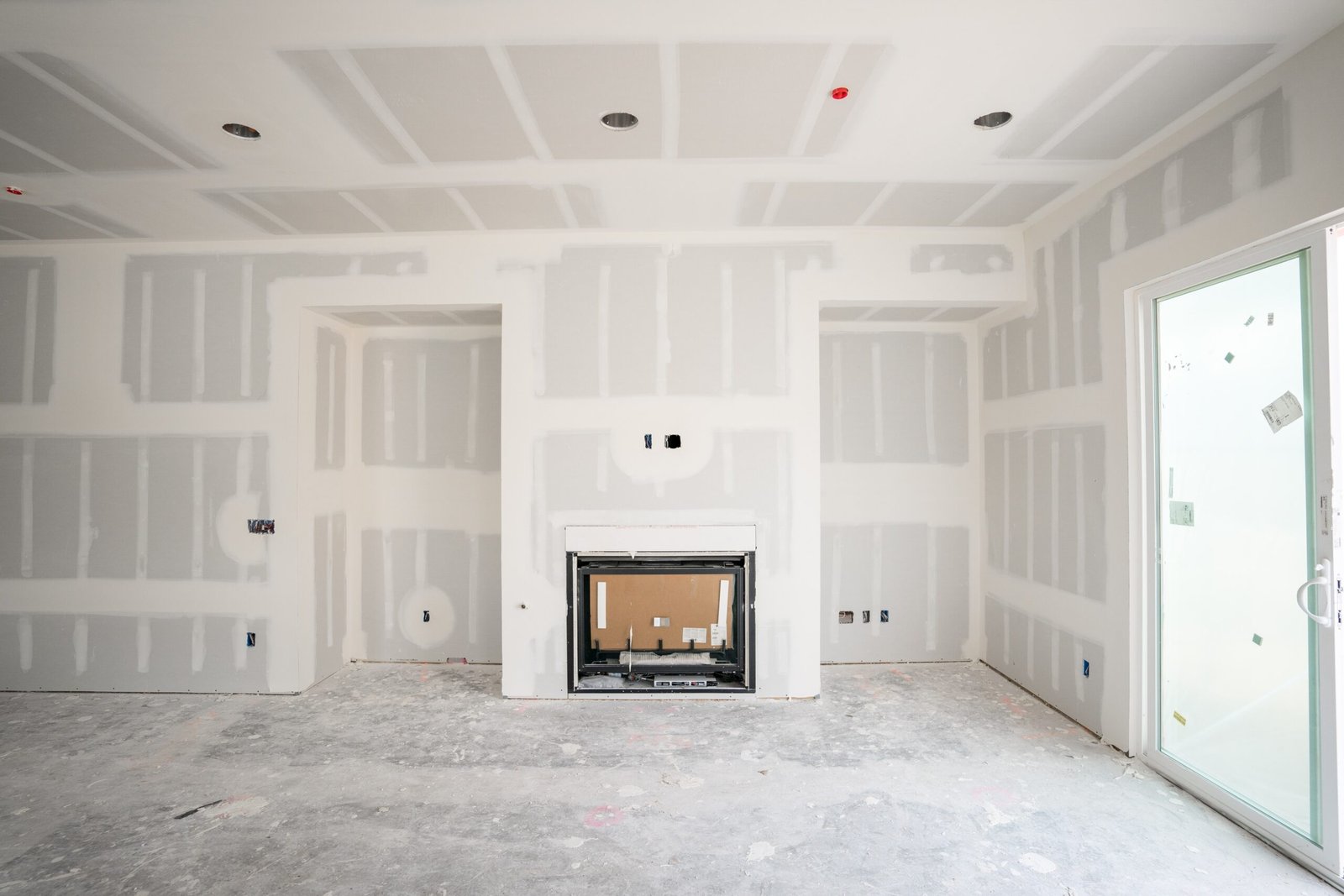 New drywall installation in room with fireplace cutout